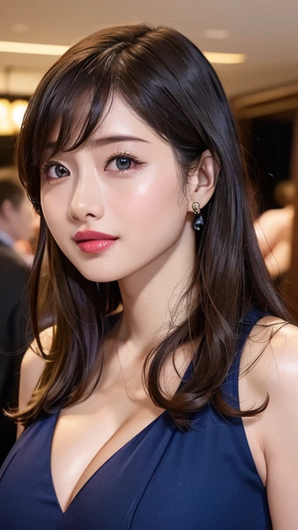 (8k, RAW Photos, Highest quality, masterpiece: 1.2)、Very detailed、Super Resolution、(Full body photography)、Natural color lip、Heavy eye makeup、(Super mini skirt tight dress costume 1.2), Gorgeous Accessories、Straight Hair、H cup breasts、Big Breasts:1.2、(Background of a high-end nightclub with a night view１.2)、(Dynamic Sexy Pose 1.2)、(Gorgeous Theme 1.2)、(With cleavage 1.2) tidak menggunakan baju 