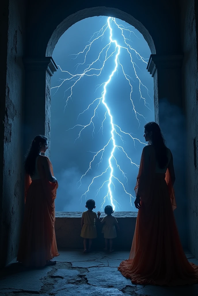 In the pitch dark of the night a strong lightning struck which was visible from the prison window devaki and Vasudev with lord Krishna 