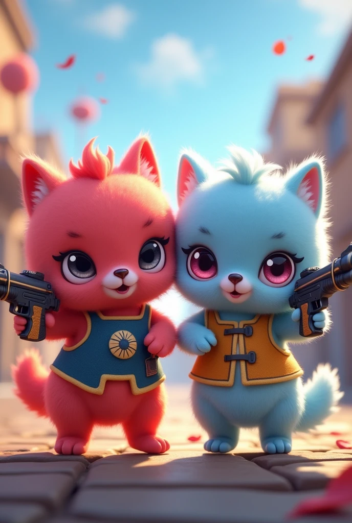 Two small, very furry, fluffy creatures with no ears ,that look like stuffed animals, one bright red and the other light blue,both very feminine and very tender with vest,helmet and weapons who are playing free fire and are sisters 
