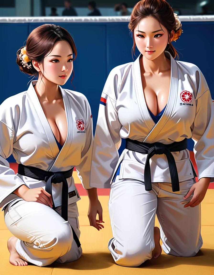  (8k, RAW photos, A masterpiece of quality: 1.2), (realistic, photorealistic: 1.37), ((A little cleavage 1.3)),2 Judo athletes, ((Big breasts 1.2)), ((Sweaty 1.5) ), ((Shiny skin 1.4)), two Judokas, ((A beautiful face like a Japanese actress 1.3)),(((Judo suit with black belt))) , ((Shorts)),2, long shot, ( Full body shot: 2), Glamorous body,((slim body)),Look at your viewers, Pose for photoshoot, Firm posture, Long shot photography, Detailed face, (smile), (perfect eyes) ,(perfect hands) (perfect Fingers), (perfect legs),(thighs), (full body photography: 2),pinning each other on the ground, showing their pinning hold techniques 