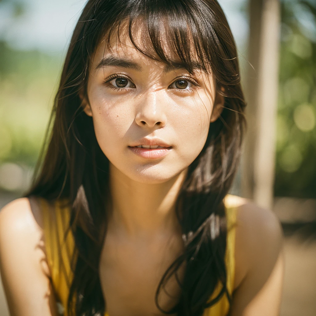 A hyper-realistic image of a single Japanese woman in her early 20s, captured with the nostalgic warmth and subtle graininess of a film camera. Her skin has a warm beige tone with a natural, slightly rough texture that includes visible pores, fine lines, and subtle imperfections such as small blemishes, adding to the authenticity of her appearance. The soft, diffused natural light enhances the film-like quality, casting gentle shadows that create a timeless, organic feel. Her straight, glossy black hair frames her face in a natural, slightly tousled manner, and her deep brown eyes reflect the ambient light, adding depth and emotion. The film camera effect introduces a slight grain and a softer focus, giving the image a warm, nostalgic atmosphere while maintaining the realistic texture of her skin. She is dressed simply, in a way that complements her natural beauty, with the overall composition designed to evoke a sense of genuine, understated elegance. The use of natural light, combined with the deliberately rougher texture of her skin and the film-like qualities, ensures that this image captures the imperfections that make her beauty truly lifelike, focusing solely on this one individual.