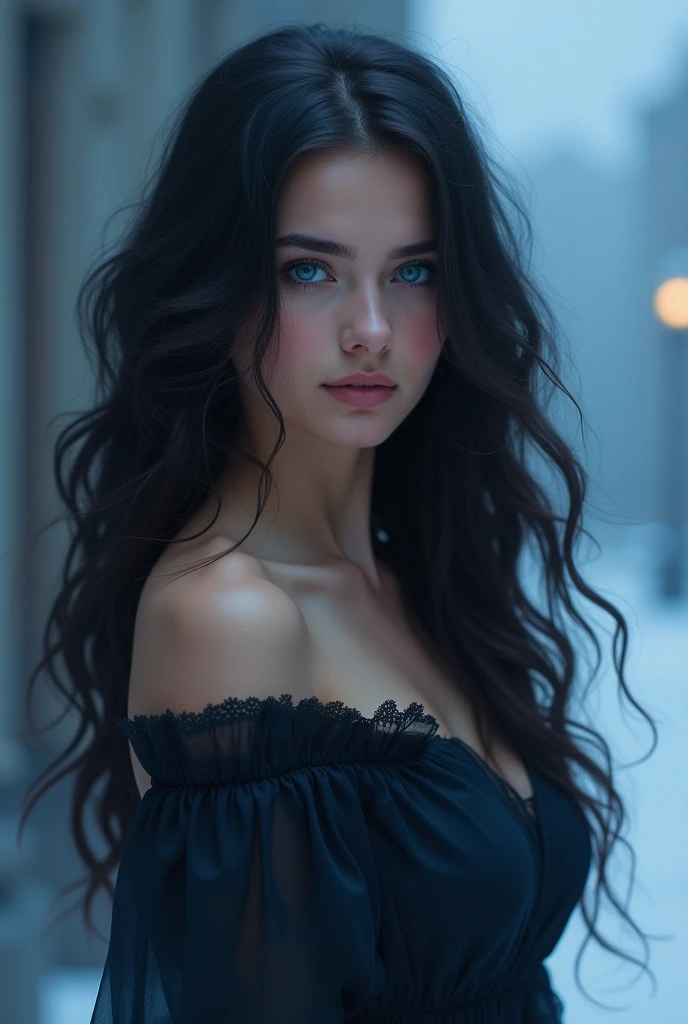 a beautiful rusian girl with dark hair, blue eyes sapphire , wavy black hair, blue haze dark 