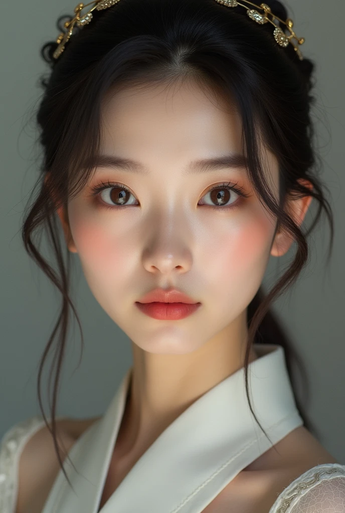 Use a hair band,Smooth forehead,No bangs to cover it,Look at the audience,Perfect facial features,High nose bridge,Thin lips,Asian beauty with big eyes