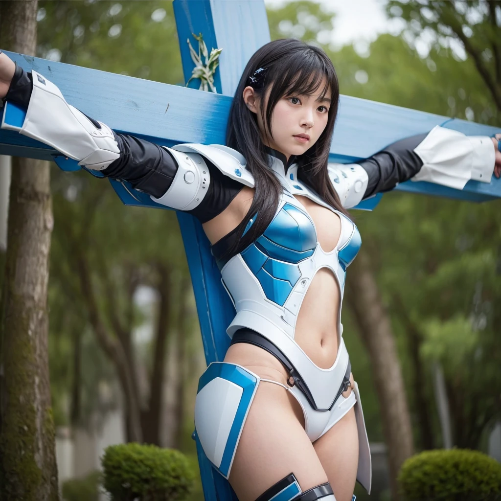 Highest quality,masterpiece,Ultra-high resolution, Very detailed, 8k,(Beautiful woman),Beautiful Japanese Women:1.5,Black Hair、((Crucifixion)),torture,slave,((クロスにCrucifixionにされた女性:1.5)),Crucifixion刑, Type X, (White and blue robot suit, Plump, Slightly thicker)