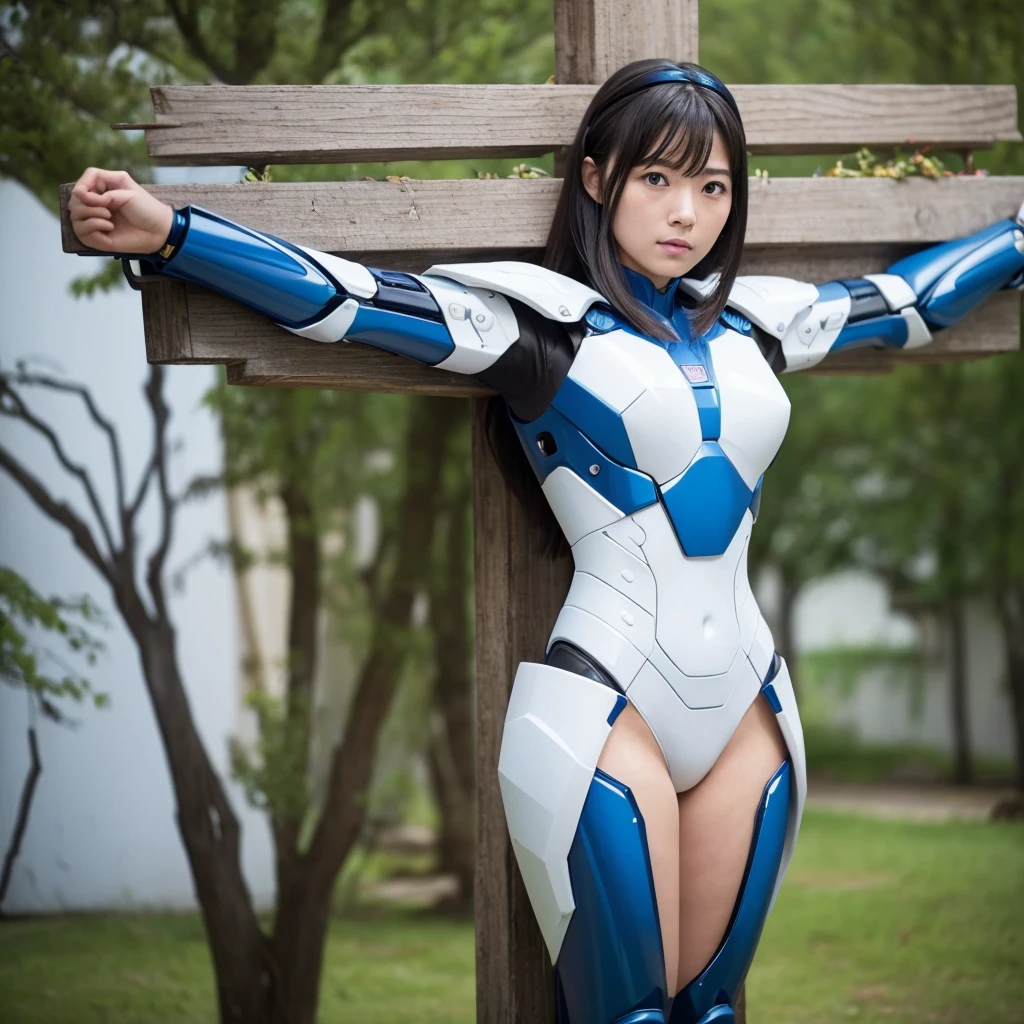 Highest quality,masterpiece,Ultra-high resolution, Very detailed, 8k,(Beautiful woman),Beautiful Japanese Women:1.5,Black Hair、((Crucifixion)),torture,slave,((クロスにCrucifixionにされた女性:1.5)),Crucifixion刑, Type X, (White and blue robot suit, Plump, Slightly thicker)
