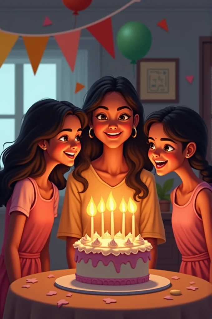 A girl named "KANIKA" is cutting her 15th birthday cake with her three friends named "SOHANI","NISHU", and "MEGHA"