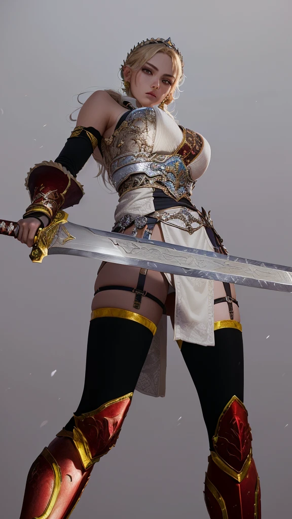 Alafed woman in costume holding sword and sword, warrior outfit, Full body shot super detailed, 8k octa-rendered photo, Hybrid from Dynasty Warriors, She has a sword, She has a sword, Mirabelle Madrigal's rendering, Extremely detailed, Female Warrior, April Rendering, Holding the Sword of Illusion