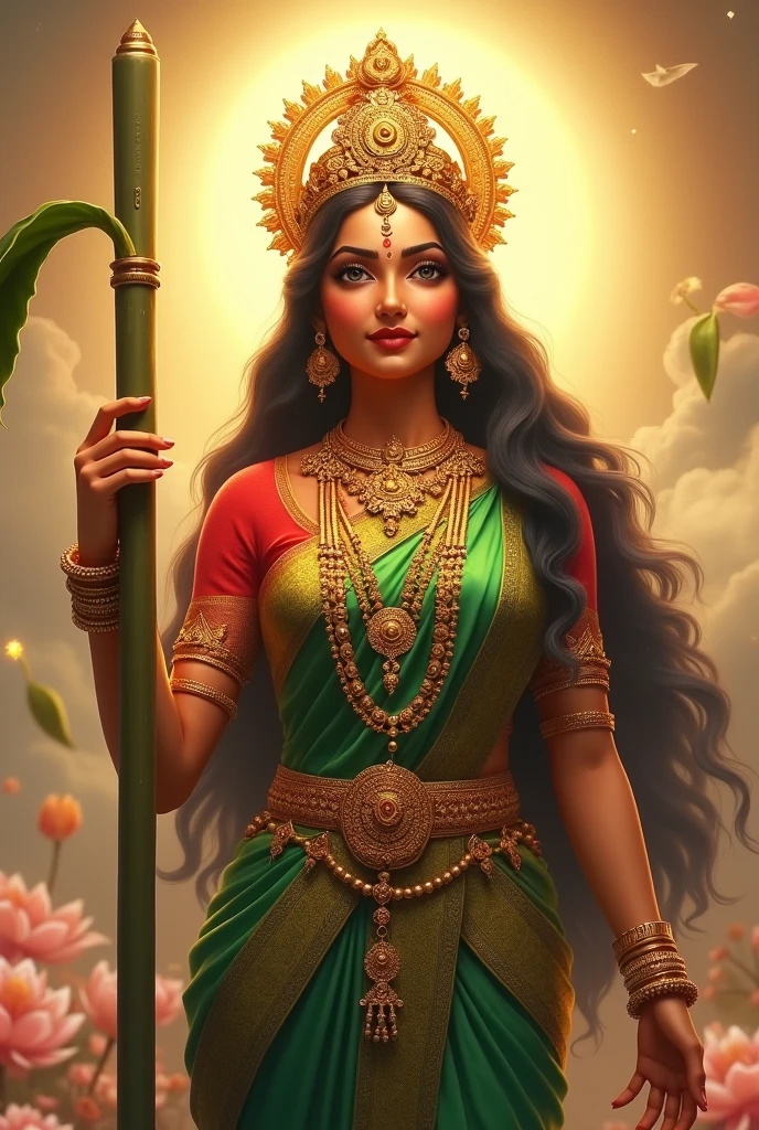 "Create an ultra-realistic image of the Supreme Goddess Lalitha, showcasing her divine grace and beauty. She should be depicted with radiant, golden skin that glows with an ethereal light. Her face should be exquisitely detailed, with large, compassionate eyes full of wisdom and serenity, a finely sculpted nose, and full lips curved into a regal, serene smile. Her long, dark hair should be styled elegantly, adorned with a richly decorated crown set with precious gemstones.

Goddess Lalitha should be dressed in an opulent green saree paired with a vibrant red blouse. The saree should be richly embroidered with intricate patterns and divine symbols in gold, reflecting her supreme status. The blouse should complement the saree, adding to the regal appearance. Her attire should be completed with luxurious jewelry, including elaborate necklaces, bangles, and earrings that shimmer with divine light.

In one hand, she should hold an extremely long sugarcane stalk, symbolizing sweetness, fertility, and prosperity. Her other hand could be in a blessing gesture or holding a sacred object. The background should feature a celestial scene with soft, golden light, and elements such as lotus petals or clouds, enhancing the divine and majestic atmosphere. The overall image should capture Goddess Lalitha’s supreme beauty, grace, and divine authority in a highly realistic and detailed manner."