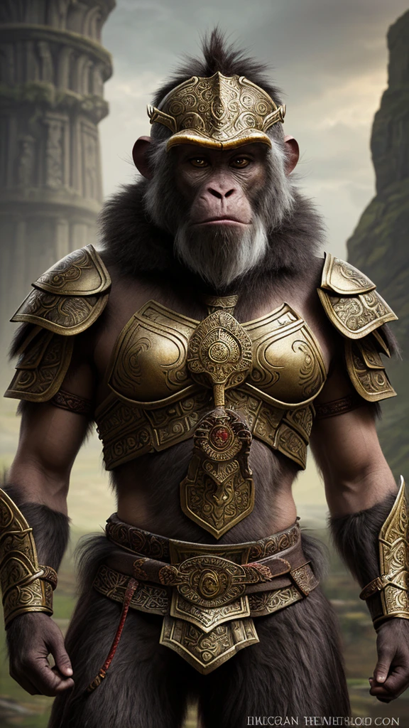 Create a highly detailed and realistic depiction of a mythical warrior with the appearance of a monkey or ape, wearing intricate ancient armor with ornate designs. The character should have a majestic and powerful aura, with fur and features blending both human and simian characteristics. The background should be dark, emphasizing the character's solemn expression and the texture of the armor. Include a traditional Asian influence in the design of the armor, with ropes, metal plates, and symbolic accessories.
