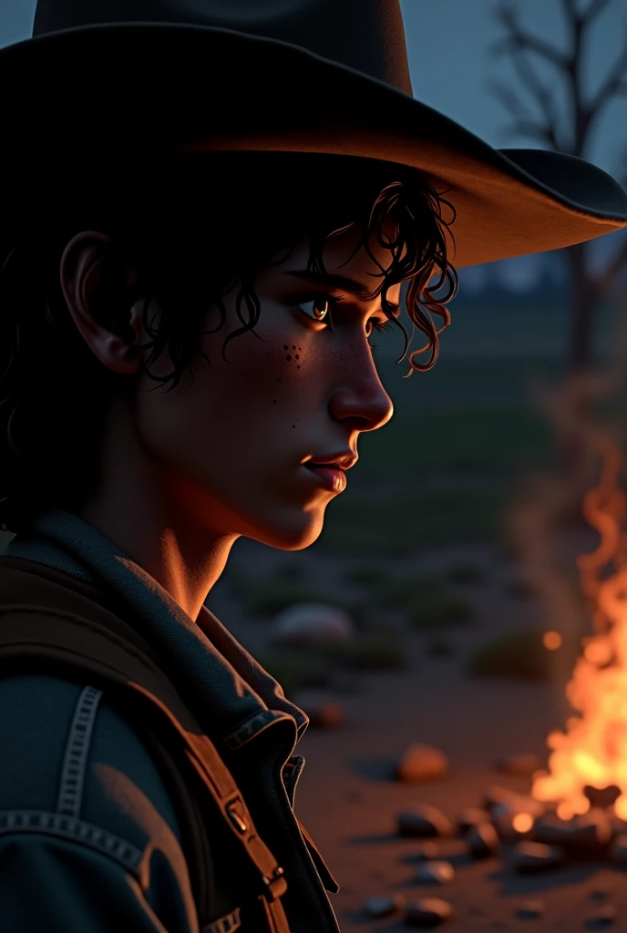 A young cowboy looking forward with his head slightly lowered and only the silhouette of his face visible, with a masculine nose, her long curly hair, Dark circles and a pronounced chin thanks to a dim campfire
