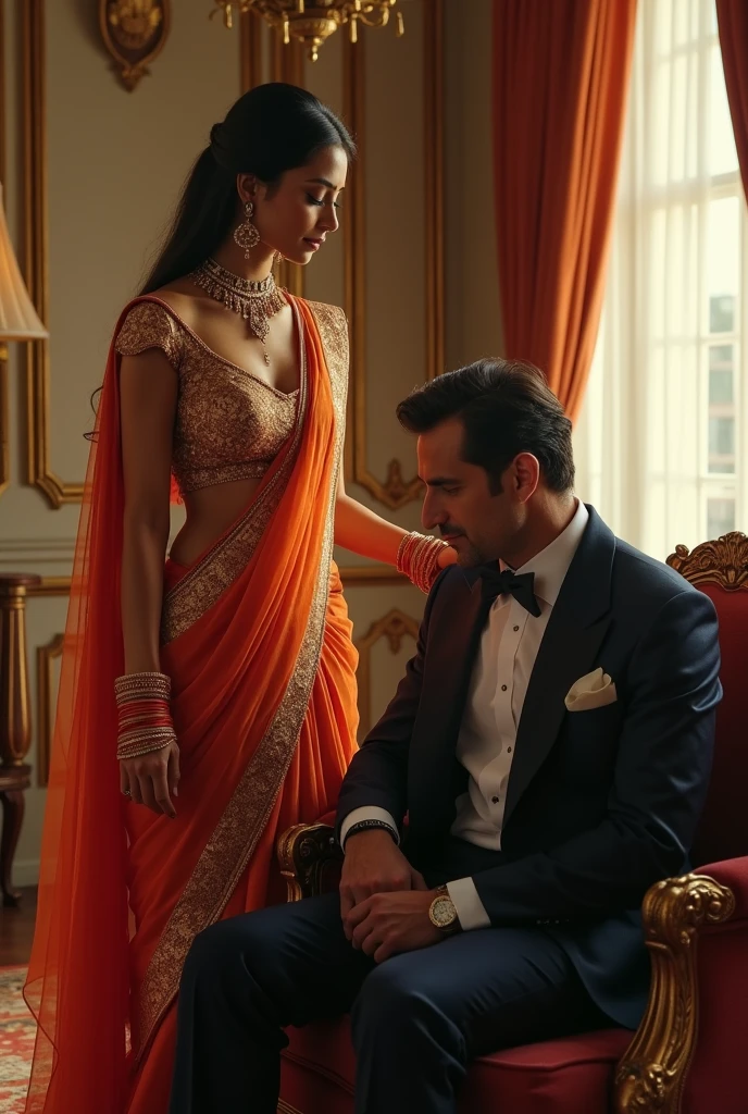 Beautiful Indian woman standing full length next to a sitting millionaire man.