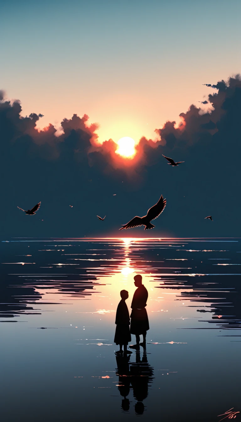 A man in a black bodysuit stands in the smoke, Priapus, Dark Black, Dark black skin, Buzz Cut, His muscles are very developed, Very tall, short hair, Blend into the smoke, Lake, Reflection, Sunset, Sunset, Bird, plum bossom, Man silhouette, Chinese, black and white, Simple style