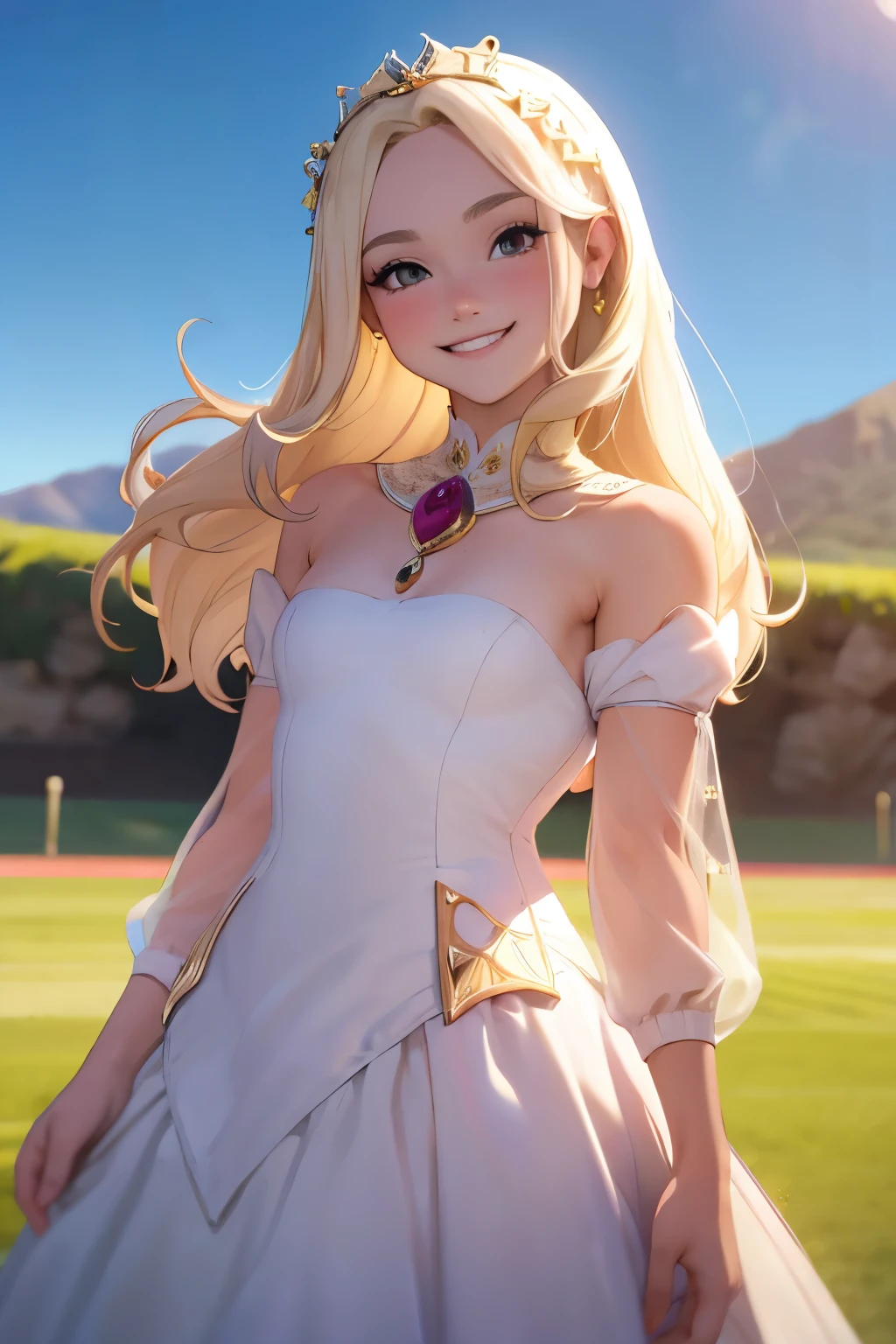 Hot girl. Blonde. White dress. Smile. Noche. Edad media. Cute smile. ager. Princesa real. Pueblo. Field. Royalty