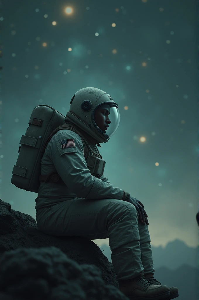 Generate me a melancholic looking image for a profile photo with an astronaut sitting looking out at the universe 