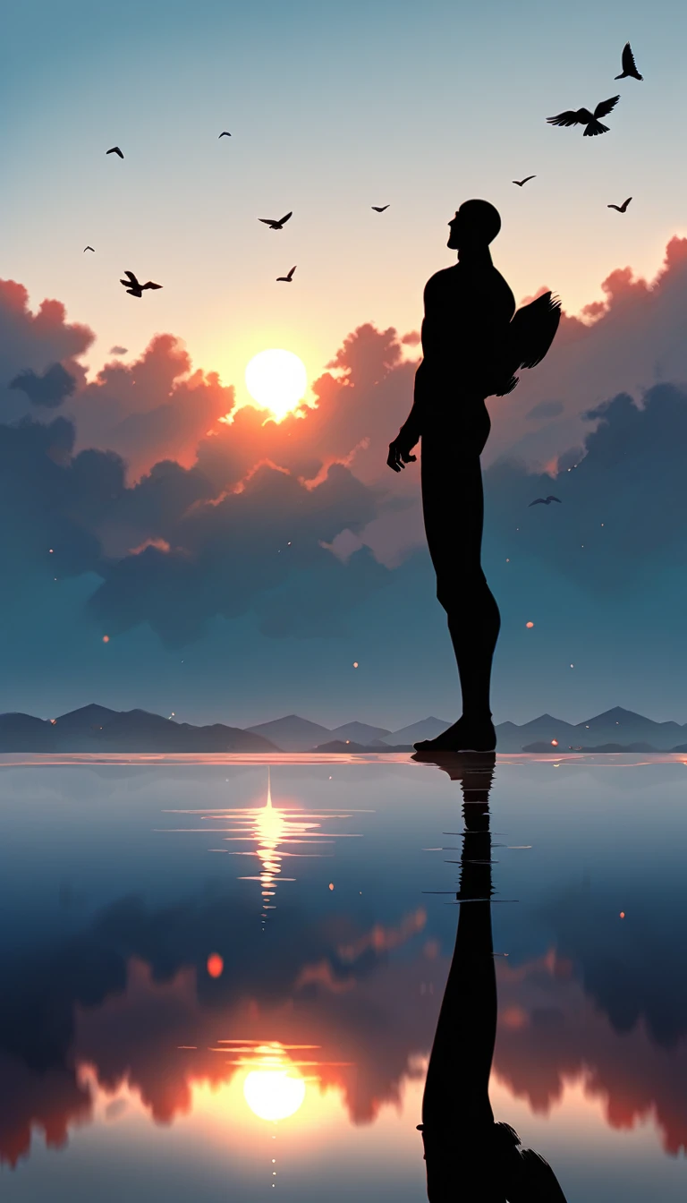 A man in a black bodysuit stands in the smoke, Priapus, Dark Black, Dark black skin, Buzz Cut, His muscles are very developed, Very tall, short hair, Blend into the smoke, Lake, Reflection, Sunset, Sunset, Bird, plum bossom, Man silhouette, Chinese, black and white, Simple style