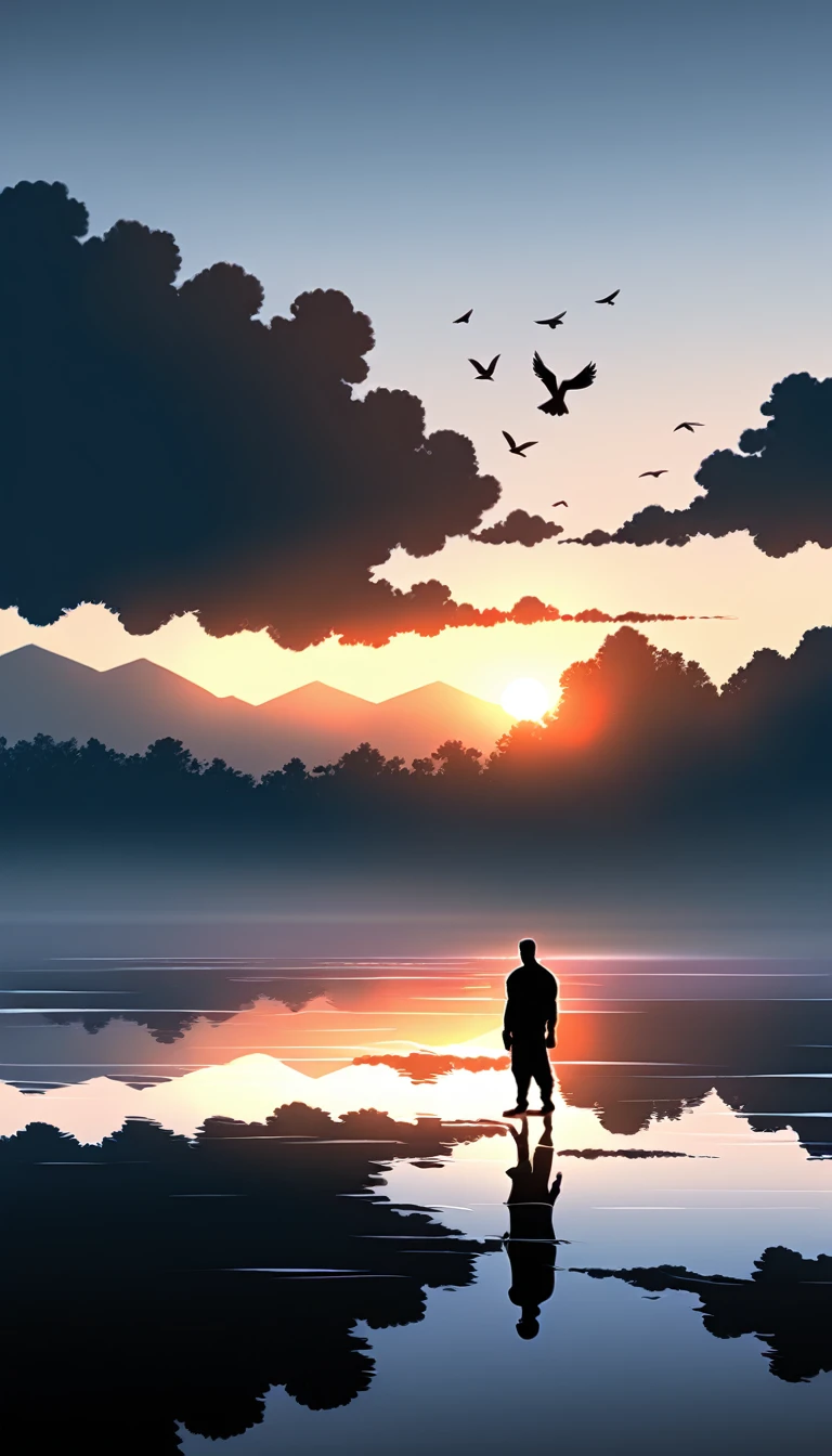 A man in a black bodysuit stands in the smoke, Priapus, Dark Black, Dark black skin, Buzz Cut, His muscles are very developed, Very tall, short hair, Blend into the smoke, Lake, Reflection, Sunset, Sunset, Bird, plum bossom, Man silhouette, Chinese, black and white, Simple style