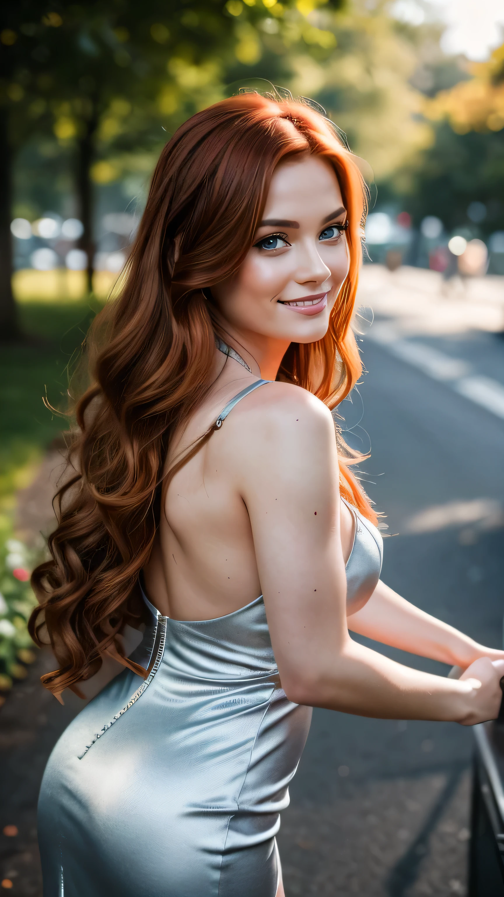 Realistic full body photo of a smiling redhead with long hair, She dances in front of the camera wearing an A-line dress with straps made of shiny gray satin, Park,glamour fotoshooting, Wedding celebration, perfect anatomy, perfect green eyes. Perfect hands with 5 fingers on each hand, Matching girl, looking at the camera, 1 Frau. (Eye make up:1.1), (highly detailed skin:1.1), spirit, analog style, keen focus, 8K UHD, dslr, good quality, Fujifilm XT3, Grain, Award-winning, masterpiece. Wedding celebration