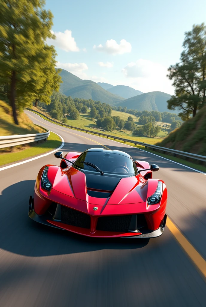 A red car in road driving 
