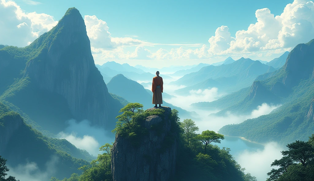 Chinese bald desciple standing on tallest and highest peak of mountain, beautiful scenario, peaceful, beautiful trees, forest, hill, in anime style, paradise, horizon,
