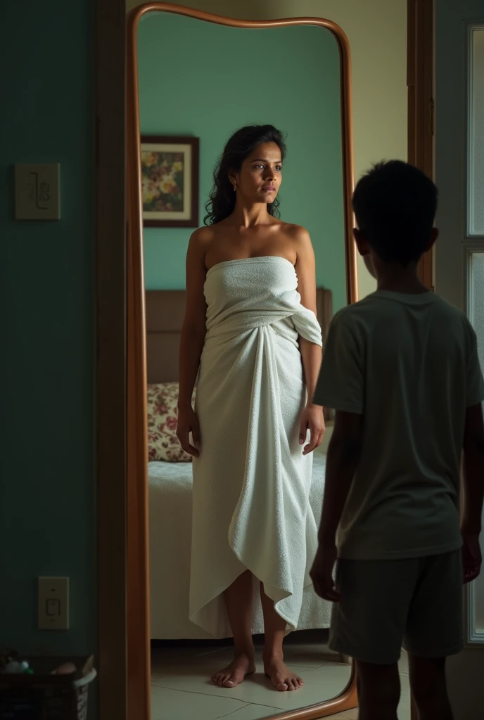 1 indian boy, wears tshirt and shorts, secretly sneaking into the bedroom, where a 40 year old woman wrapped towel around her body, standing in front of mirror, watching her self.