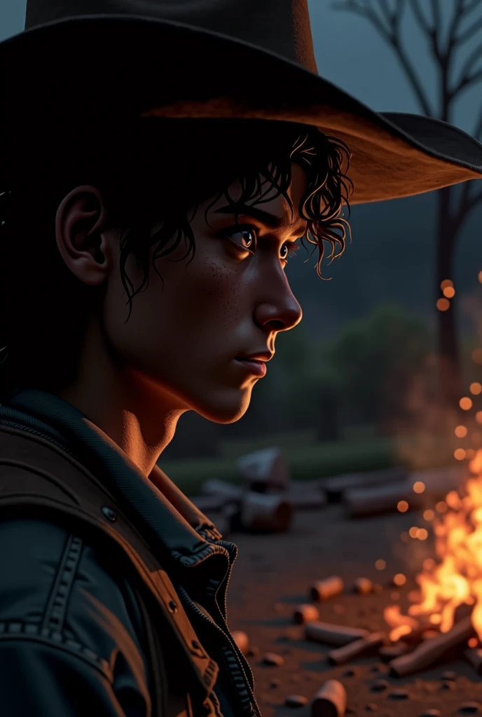 A young cowboy looking forward with his head slightly lowered and only the silhouette of his face visible, with a masculine nose, her long curly hair, Dark circles and a pronounced chin thanks to a dim campfire
