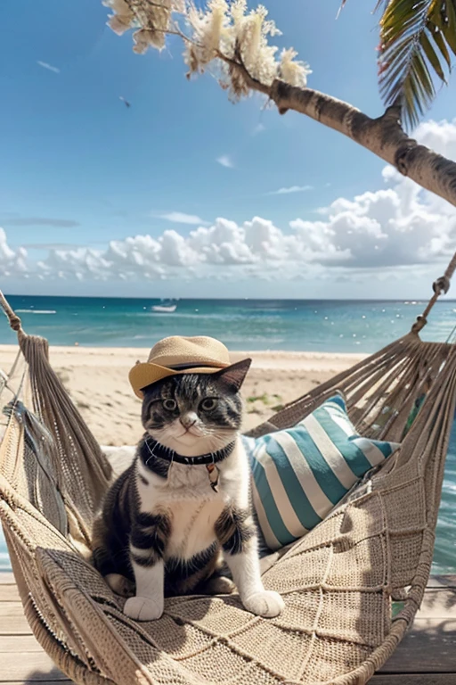 A Scottish Fold cat wearing a hat lies in a hammock by the sea and holds a mojito in its paw