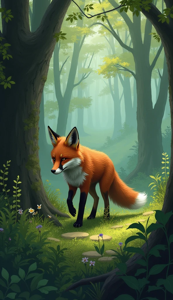 	A fox walking in the forest: The fox is again wandering in the forest, but this time he is depressed and lost in thought.