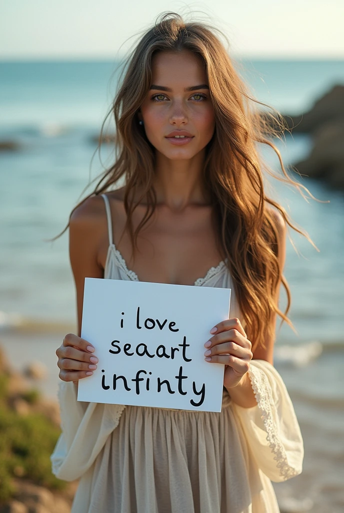 Beautiful girl with wavy long hair, bohemian dress, holding a white board with text "I Love Seaart Infinity" and showing it to the viewer