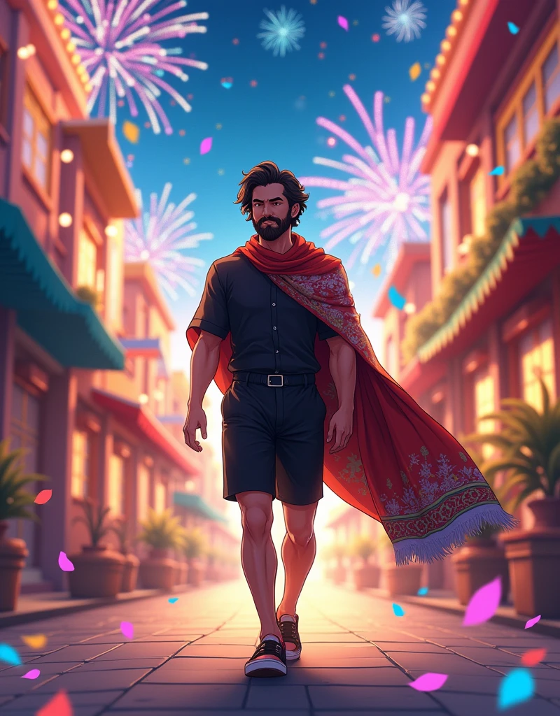 Create a anime style landscape image. Vibrant and dynamic image featuring a man walking confidently down a festive street. The man has a medium skin tone, a full beard, and dark, wavy hair. He is wearing a black shirt and black shorts, and he is holding a patterned cloth that flares out as he walks. The background is filled with colorful confetti and fireworks, creating a celebratory atmosphere. The street is illuminated with bright lights, and there are buildings and decorations visible on both sides. The overall scene is lively and energetic, capturing a moment of joy and celebration.