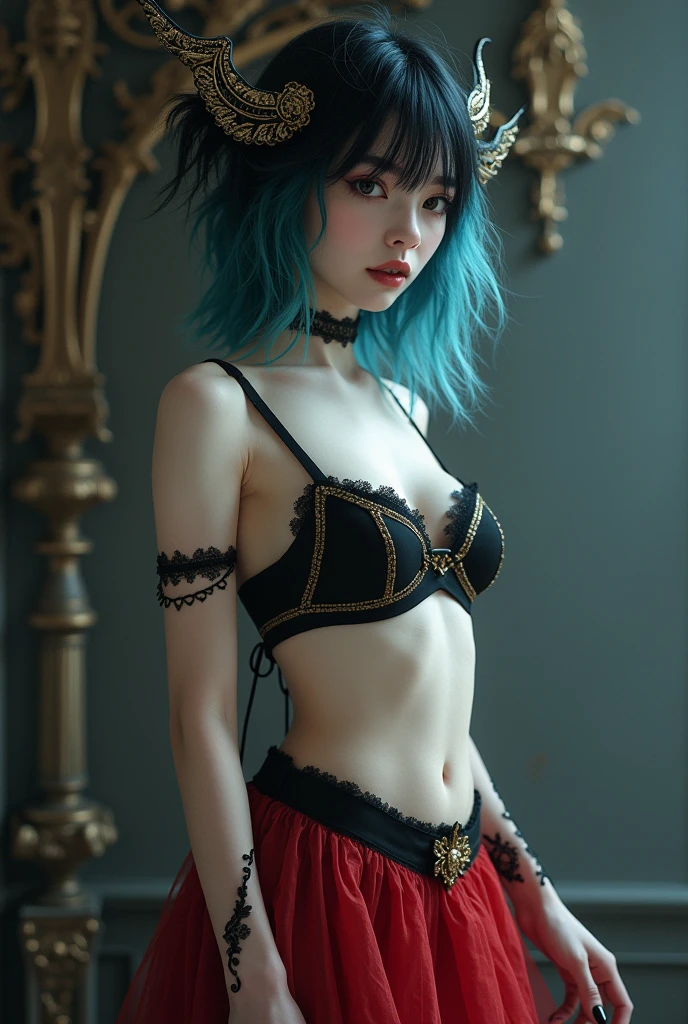 Femboy 1 boy with pale white skin 
Emo hair style from blue to black 
Gothic makeup 
Boy 
Effeminate man with feminine and fine features
Wearing a black carnival bra with gold details 
Using black carnival taga with gold details 
Using a red semi-transparent silk fabric as a skirt
Barefoot with black painted nails
Black painted toenails  