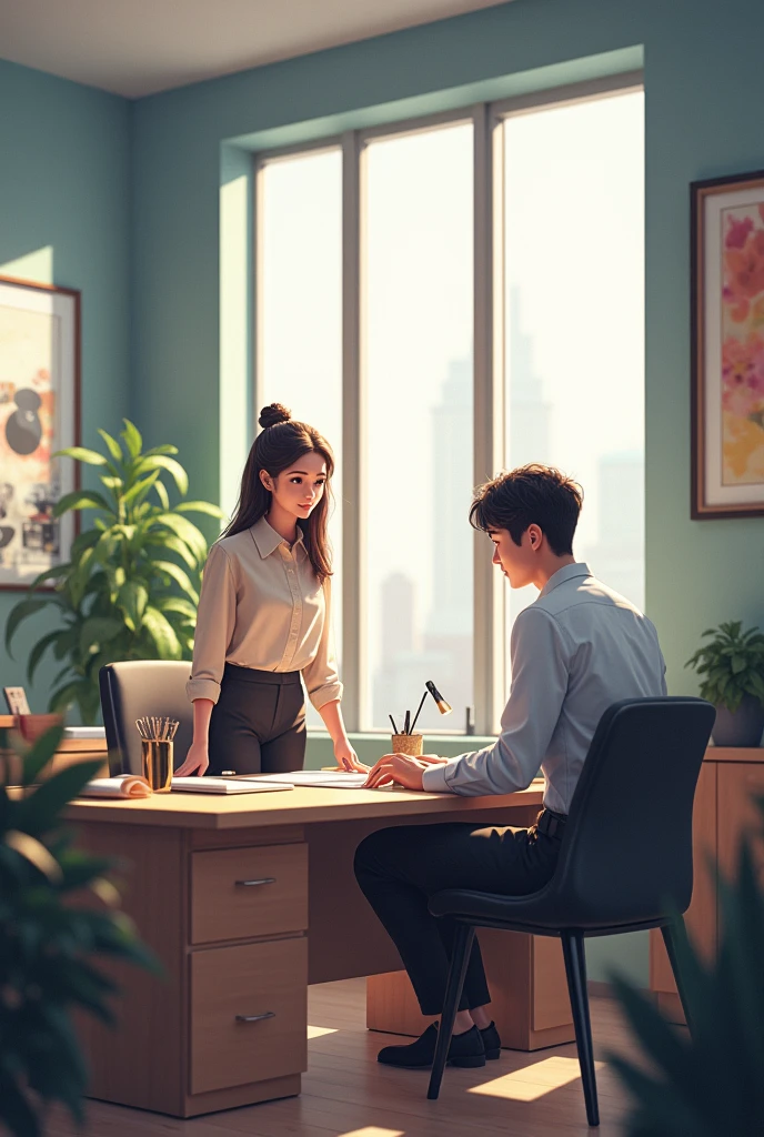 First day on the job
* Atmosphere: An office with a workspace set up for Ms. Pin
* Characters:
* Ms. Pin sits at her new desk
* Mr. Somchai greets and offers support on her first day on the job
