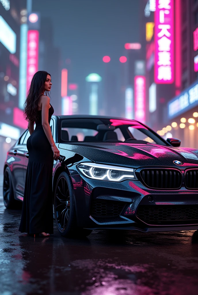 BMW m5 black Cyuberpank neon citiy a beautiful girl standing next to him