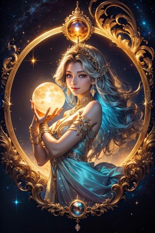 A light orb with magician circle around the orb, hand, many shining butterfly, creepy smile, sparkle sky, shining, gust of wind, light bright flowers, sun and moon, dark light of fantastic and cosmological with universal. Amazing view very bright and warm starry. Detail, HD, Enchanted. Multiple colours. Beautiful perfect face and anatomy. Amazing bright dress. Very epic and bright, best pose. A goddess. Golden shining accessories. Cute