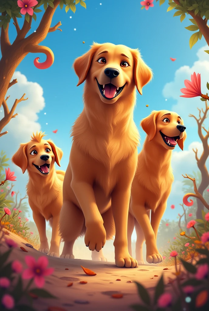 Disney DreamWorks type movie poster Title of the movie The Three Masquebitches There are 3 golden retriever dogs Their names are Roma, Hanna and MEI HANNA is the smallest Roma is the biggest
