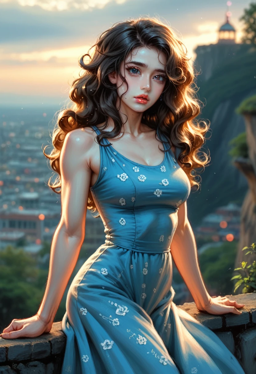 (sharp focus:1.2), photo, attractive young woman, (beautiful face:1.1), detailed eyes, luscious lips, (smokey eye makeup:0.85), (medium breasts:1.0), (athletic body:1.2), (wavy hair:1.2), wearing (maxi dress:1.2) on a (cliffside:1.2). (moody lighting:1.2), depth of field, bokeh, 4K, HDR. by (James C. Christensen:1.2|Jeremy Lipking:1.1).