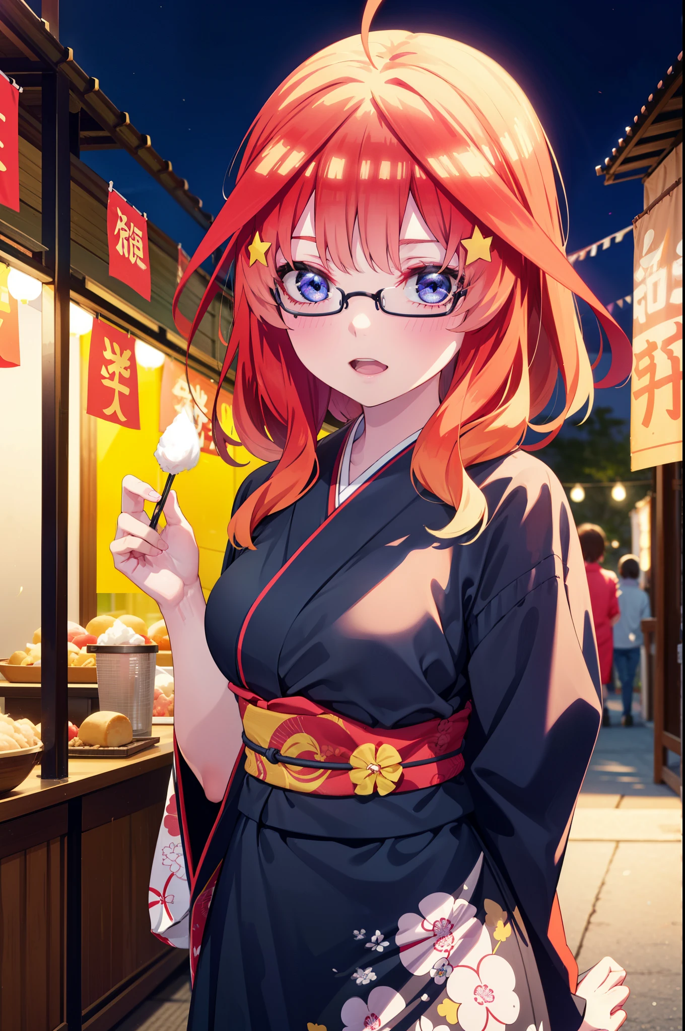 itsukinakano, Itsuki Nakano, bangs, blue eyes, Hair between the eyes, Ahoge, Redhead, star \(symbol\), hair ornaments, star hair ornaments,花のhair ornaments,Black-rimmed glasses,hair tied back,smile,blush,Open your mouth,Big Breasts,night,Red Kimono,Long skirt,He is holding cotton candy in his right hand and a clear bag full of cotton candy in his left hand.,Japanese Festivals,Summer festival food stalls,Red lantern,whole bodyがイラストに入るように,
break looking at viewer,whole body, (Cowboy Shot:1. 5),
break outdoors, Veranda,
break (masterpiece:1.2), Highest quality, High resolution, unity 8k wallpaper, (figure:0.8), (Beautiful attention to detail:1.6), Highly detailed face, Perfect lighting, Highly detailed CG, (Perfect hands, Perfect Anatomy),