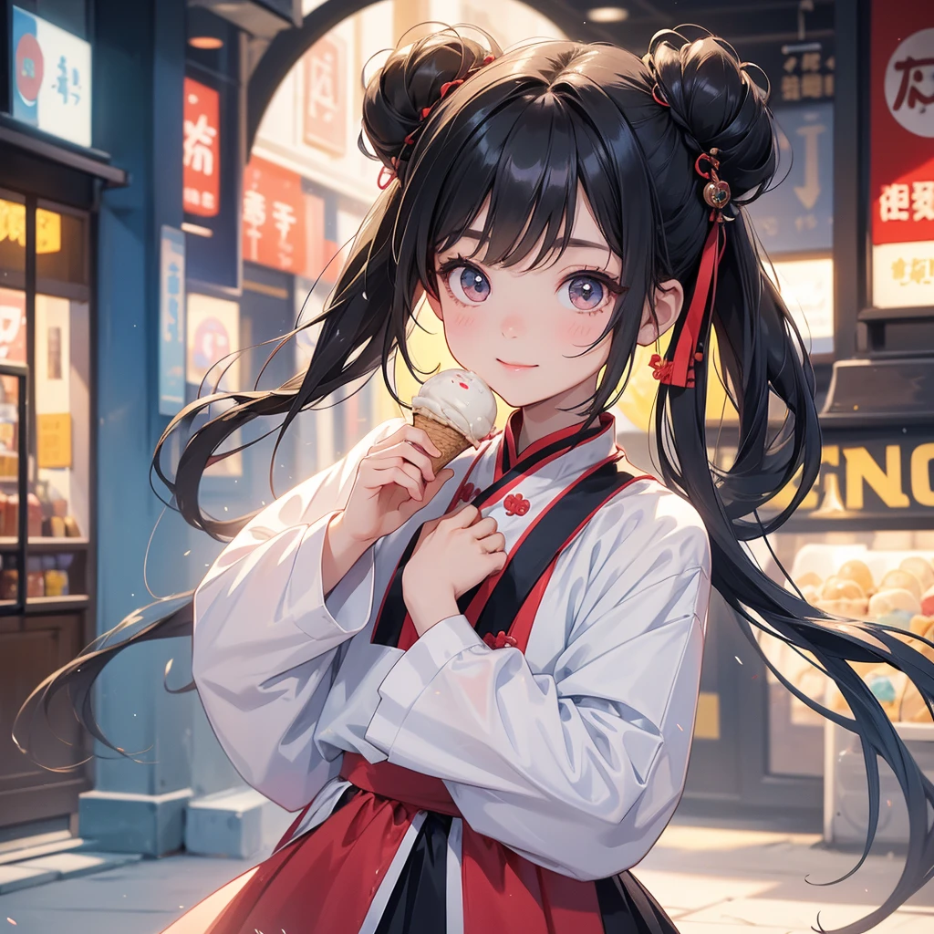 A chibi child girl had a small face and Wearing white little Taoist priest's outfit. A pair of big round eyes shone with curiosity about him. This child was so cute! ,her hair is black with two buns on her hair.small chibi, chibi baby, smiling,The little chibi baby looked up with his chest raised, and his face was old and proud.

Standing holding ice cream in front of an ice cream shop in a bustling city, crowded with people.