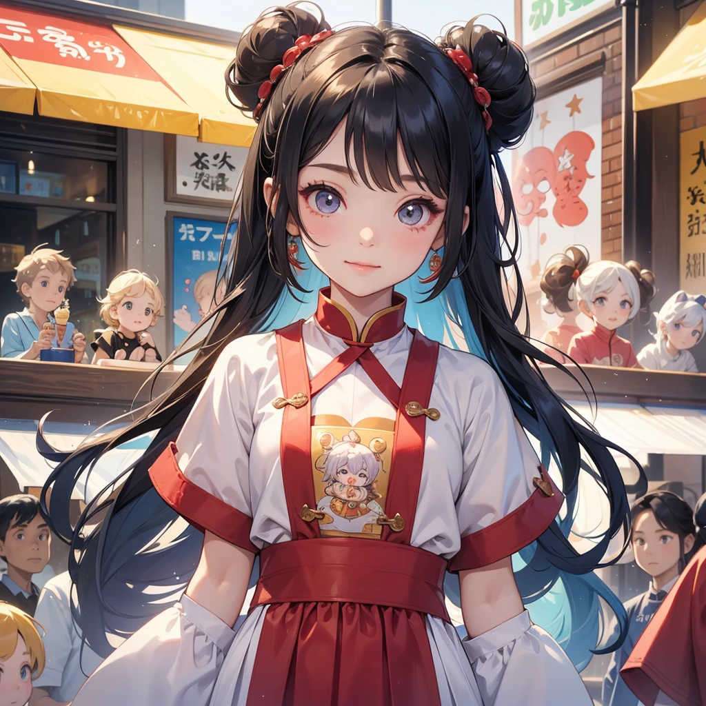A chibi child girl had a small face and Wearing white little Taoist priest's outfit. A pair of big round eyes shone with curiosity about him. This child was so cute! ,her hair is black with two buns on her hair.small chibi, chibi baby, smiling,The little chibi baby looked up with his chest raised, and his face was old and proud.

Standing holding ice cream in front of an ice cream shop in a bustling city, crowded with people.