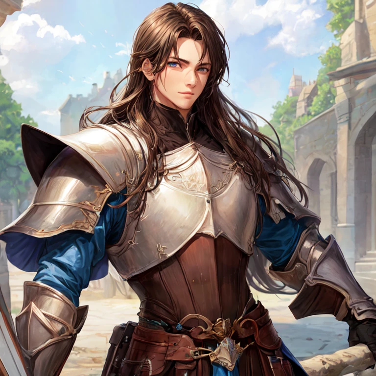 Handsome tall and strong man in knight armor with long brown hair and blue eyes against the background of a knight camp 
