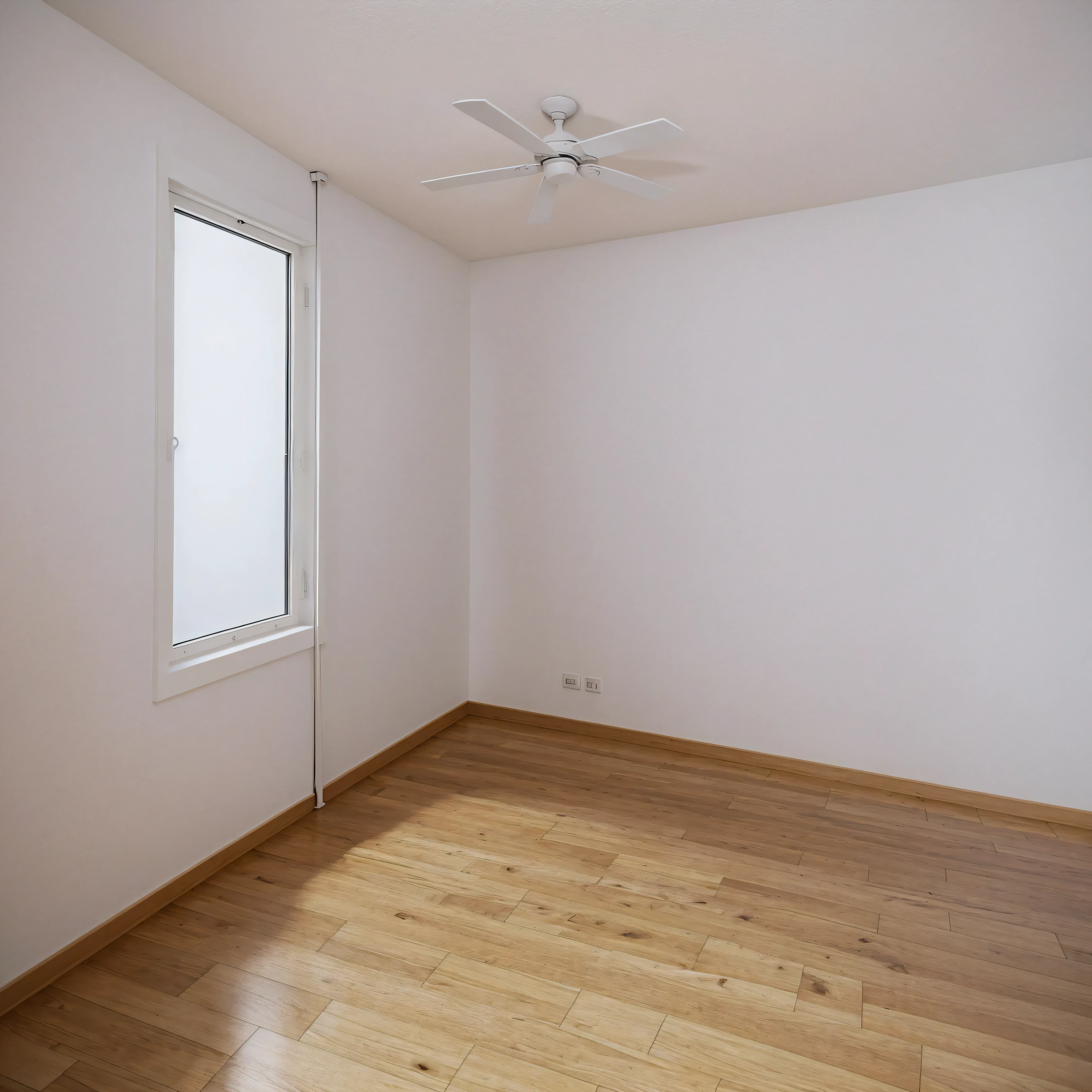 9 square meters room, room ceiling height 210 cm, late afternoon, one window 200 cm wide and 1800 cm high on the north side, white walls, nothing in the room, not very luxurious