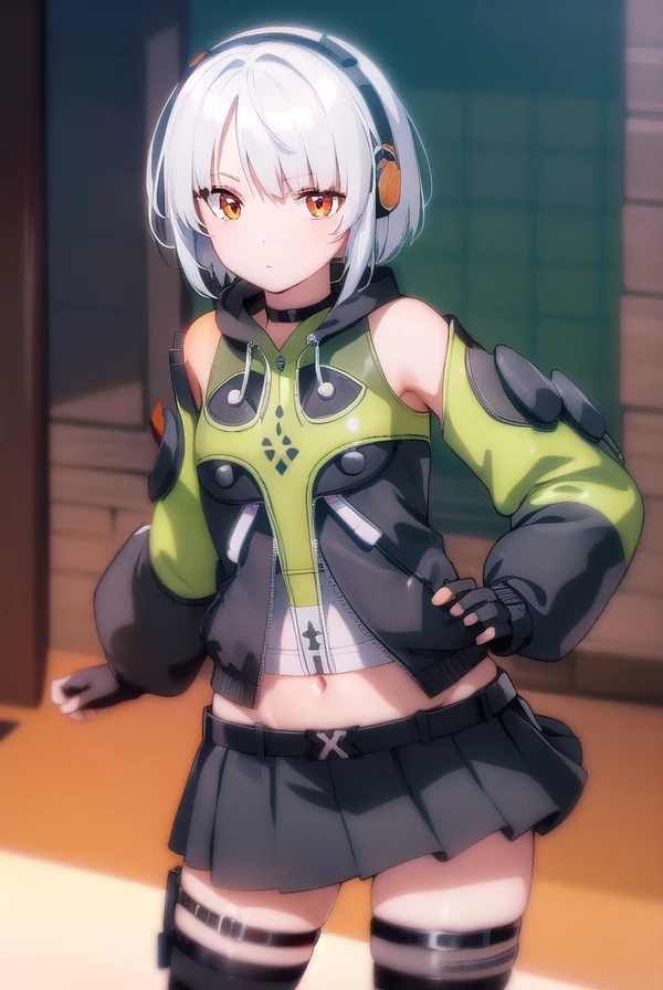 anbydemara, anby demara, (orange eyes:1.5), short hair, white hair,
BREAK bare shoulders, black gloves, black skirt, black thighhighs, fingerless gloves, gloves, green jacket, headphones, jacket, navel, skirt, stomach, thighhighs,
BREAK outdoors, city, sky, clouds, sun, buildings, crowd, people, alley,
BREAK looking at viewer, (cowboy shot:1.5),
BREAK (masterpiece:1.2), best quality, high resolution, unity 8k wallpaper, (illustration:0.8), (beautiful detailed eyes:1.6), extremely detailed face, perfect lighting, extremely detailed CG, (perfect hands, perfect anatomy),