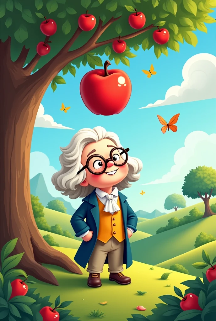 Create a cartoon image of Newton with apple