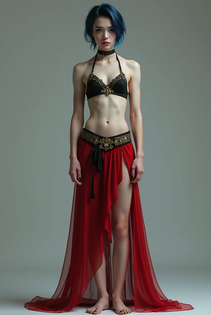 Femboy
1 boy with pale white skin
Emo hair style from blue to black
Gothic makeup
Male body
Boy
Effeminate man with feminine and fine features
Wearing a black carnival bra with gold details
Using black carnival taga with gold details
Using a red semi-transparent silk fabric as a skirt
Barefoot with black painted nails
Black painted toenails