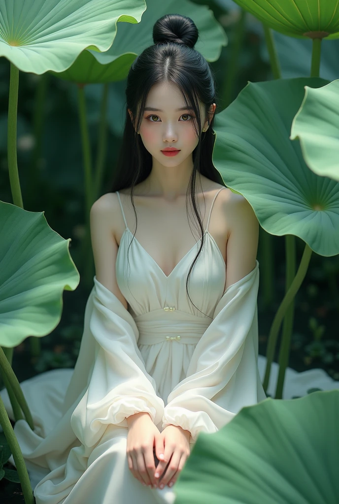 1 girl, Solo, Giant lotus leaf, Black hair, dress, Looking at the audience, White dress, hair-bun, Sitting, single hair bun, Leaves, Long sleeves, Red lips, Realistic