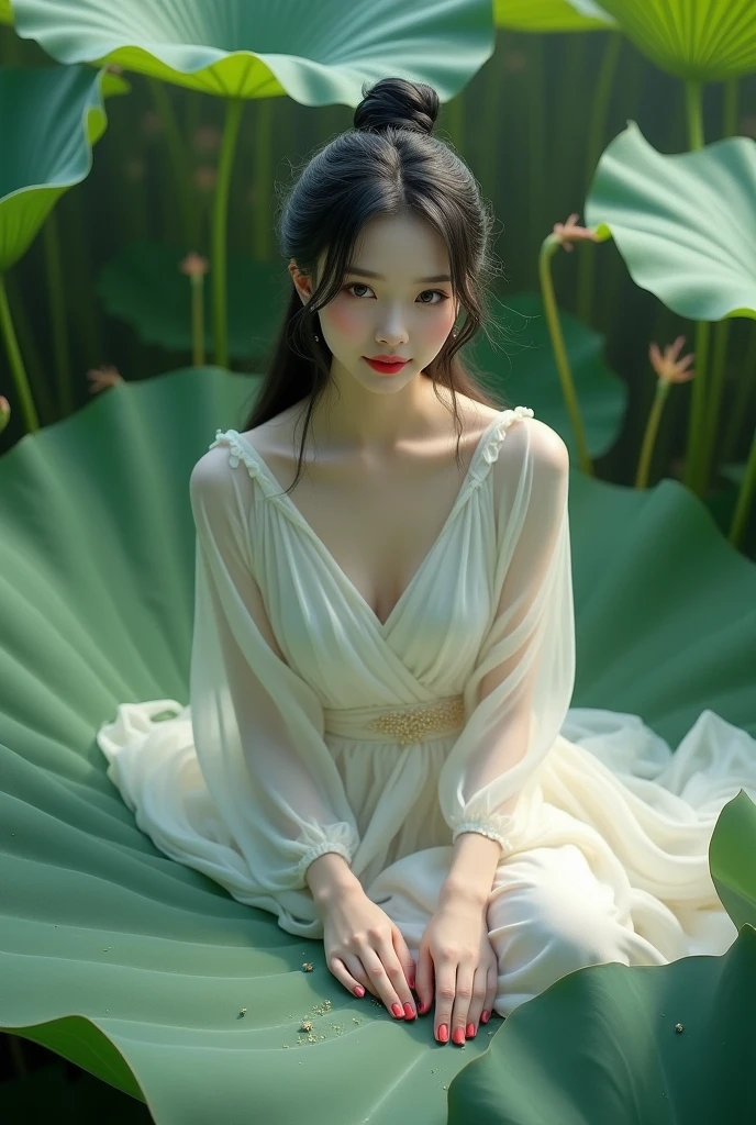 1 girl, Solo, Giant lotus leaf, Black hair, dress, Looking at the audience, White dress, hair-bun, Sitting, single hair bun, Leaves, Long sleeves, Red lips, Realistic