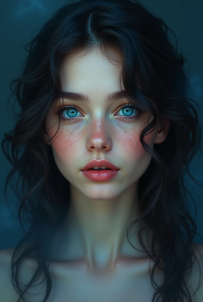 a beautiful rusian girl with dark hair, blue eyes sapphire, freckles and blushing cheeks, pink lips , wavy black hair, blue haze dark, blue background,