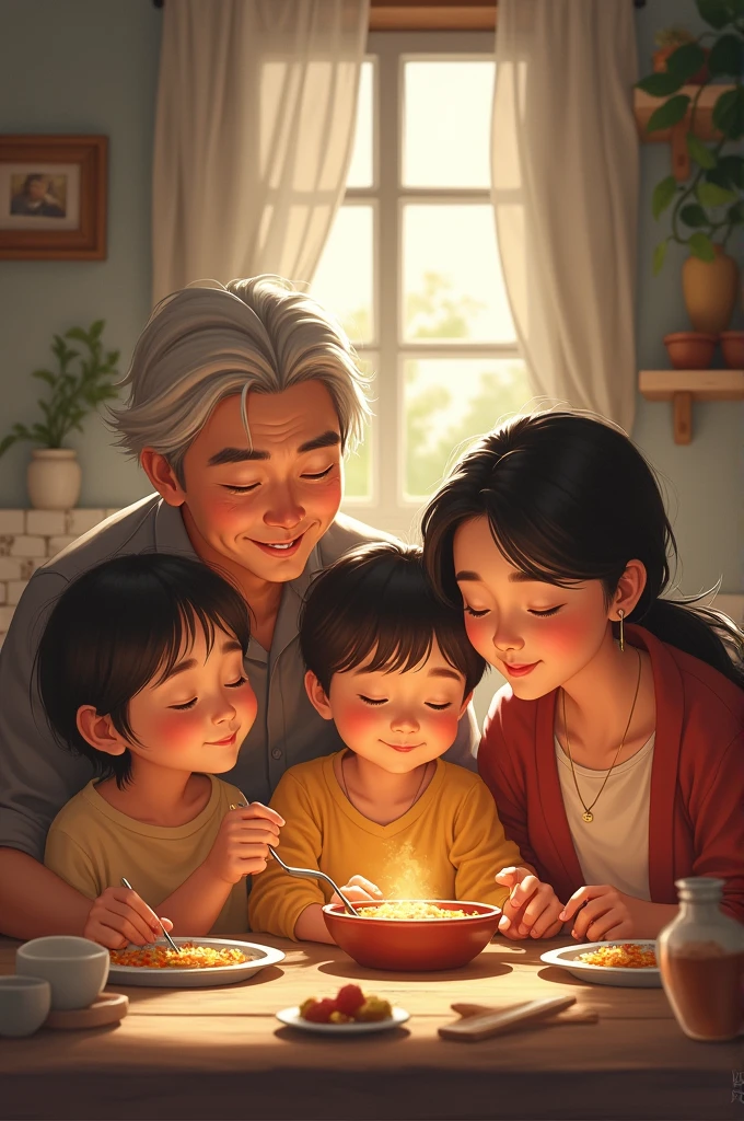 The family together again in the evening, sharing a simple meal with smiles and a sense of togetherness, despite the challenges they face. The scene reflects warmth and unity.