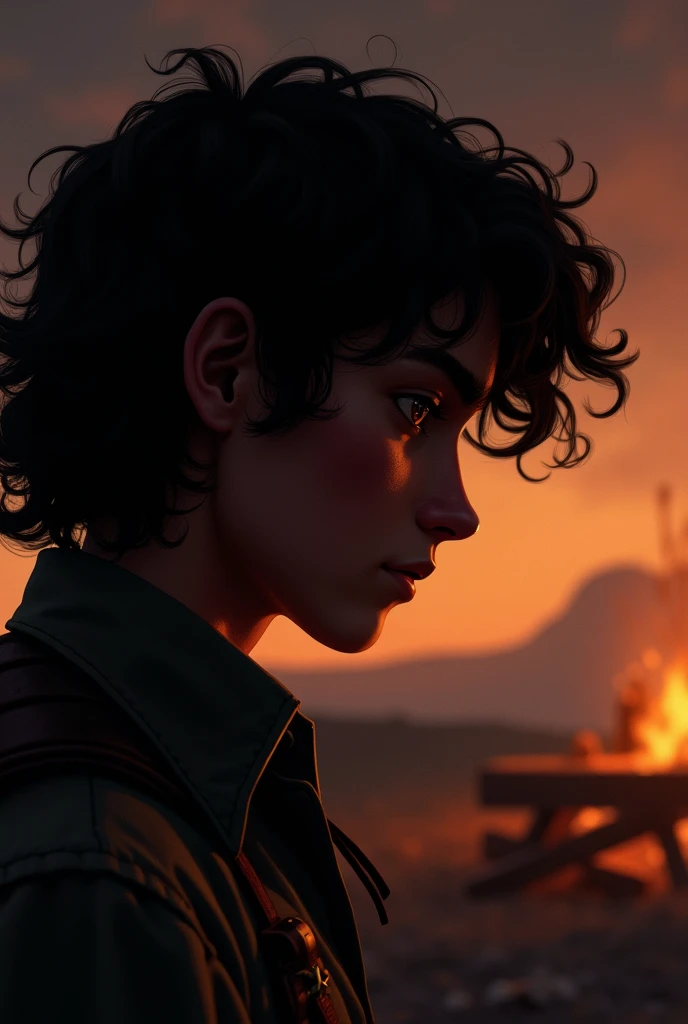 A young cowboy looking right with his head slightly lowered and only the silhouette of his face visible, with a masculine nose, her long curly hair, Dark circles and a pronounced chin thanks to a dim campfire