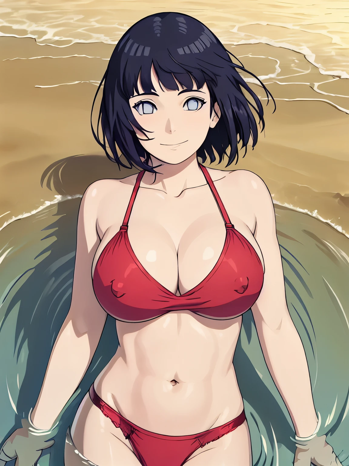 (hinata\(boruto\), (high quality:1.8), upper body:1.5, (curvy body:1.5), (ultra detailed body:1.4), (desert:1.7), (desert:1.7), (anime, tall woman, cowboy shot, ((arm curves:1.0), (defined biceps arms:1.2), (body submerged:1.2), ((red thong, perky nipples, bare arms, bare arms, bare shoulders)), (red bra:1.2), (wide shoulders, off-shoulders), smile), (big breasts:0.9) ,(cleavage:0.8), closed mouth), ((pale skin)). ((dark blue:1.3, short hair, hime cut، loose hair, floating hair, floating hair:1.0),