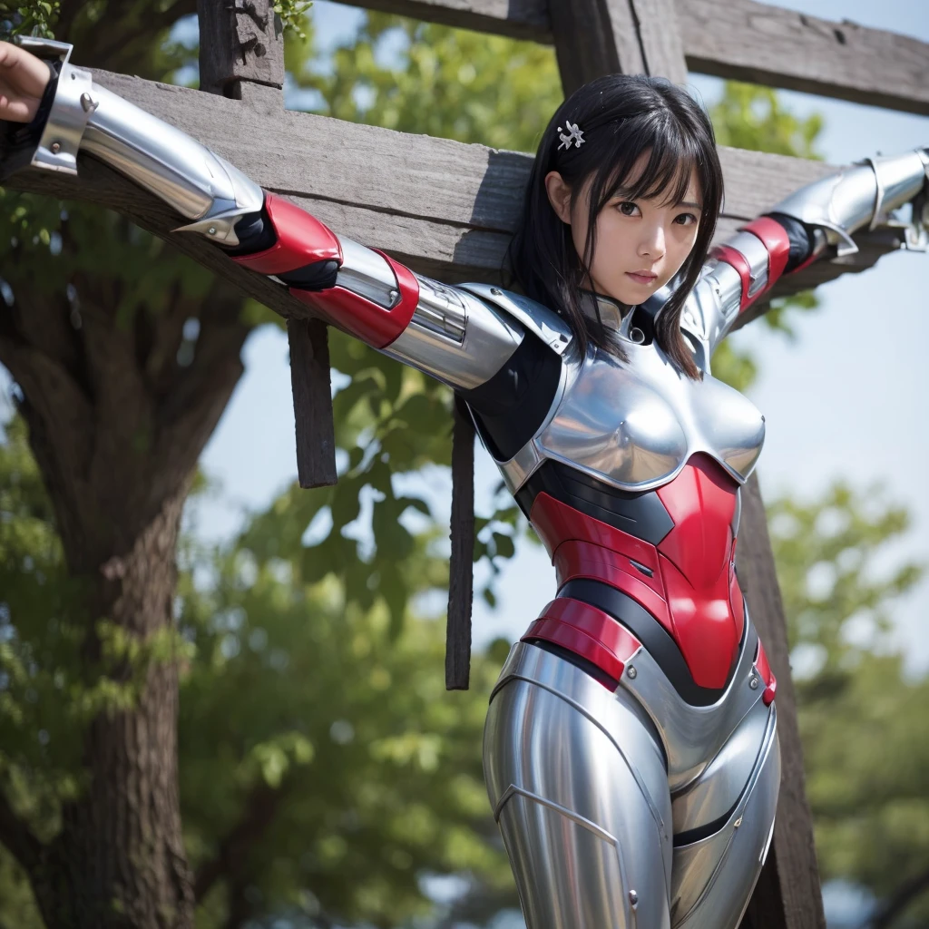 Highest quality,masterpiece,Ultra-high resolution, Very detailed, 8k,(Beautiful woman),Beautiful Japanese Women:1.5,Black Hair、((Crucifixion)),torture,slave,((クロスにCrucifixionにされた女性:1.5)),Crucifixion刑, Type X, (Silver and red robot suit, Plump, Slightly thicker)